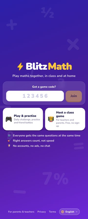BlitzMath home screen: join with a game code, play and practise, or host a class game
